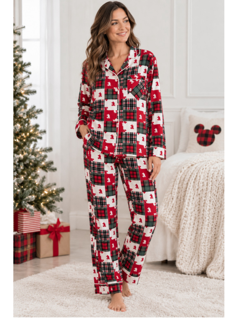Disney Parks Mickey Mouse Christmas Plaid Pajama Top S Cotton Holiday